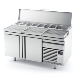 MEUBLE PRÉPARATION PIZZA-2PTE-DESSUS+COUVER INOX